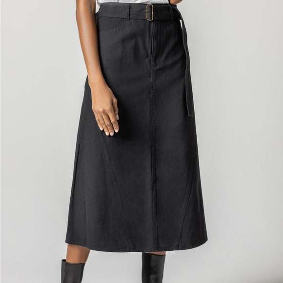 Lilla P Black Denim Woven Canvas Jean Midi Skirt